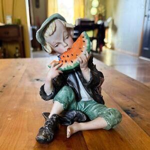 Capodimonte‑Style Porcelain Figurine • Boy Eating Watermelon • 6.25”